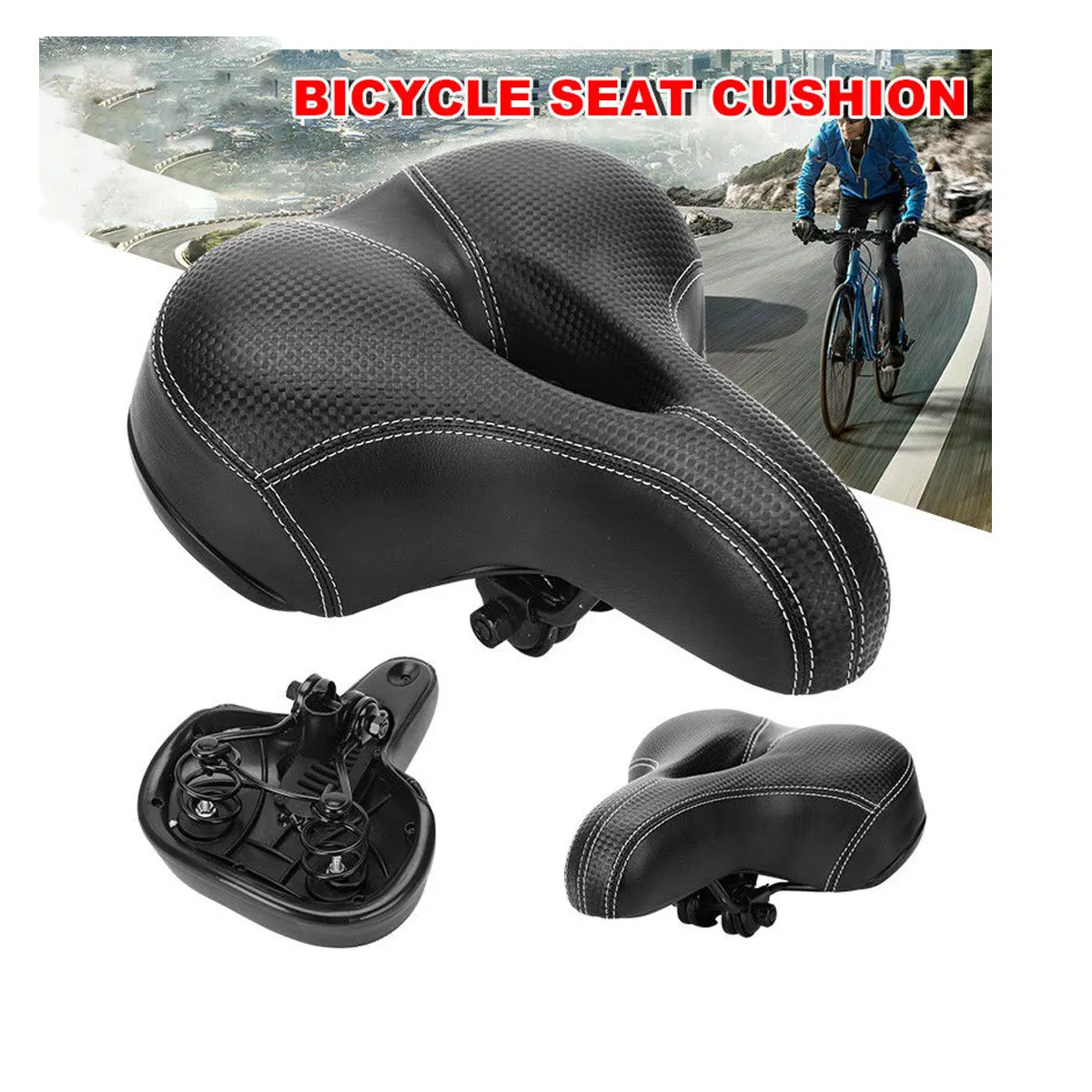 

Thickened Comfort Saddle Wide Bike Cushion Seat Black Waterproof Cover Rounded Design Air Vent Shock Absorb Most Comfortable