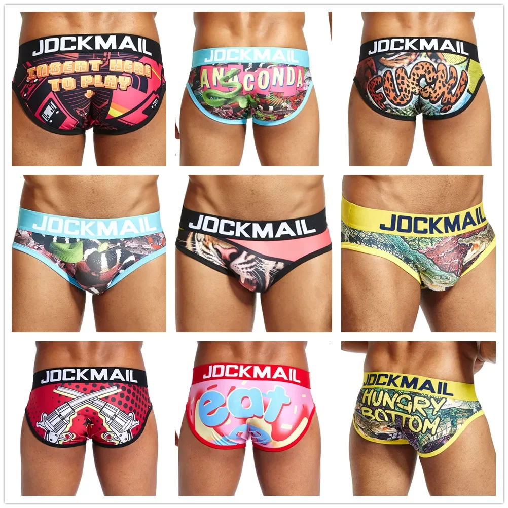 Jockmail Gay Sexy Men Underwear Lingerie Cartoon Print Briefs Sissy Homme Calzoncillos Hombre Slip Low Waist Ice Silk Breathable