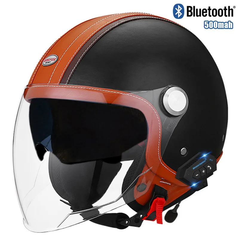 Retro Semi-open Motorcycle Helmet Cross-country Moto Helmet 3/4 Retro Helmet Scooter Bluetooth Leather Helmets Capacete Moto