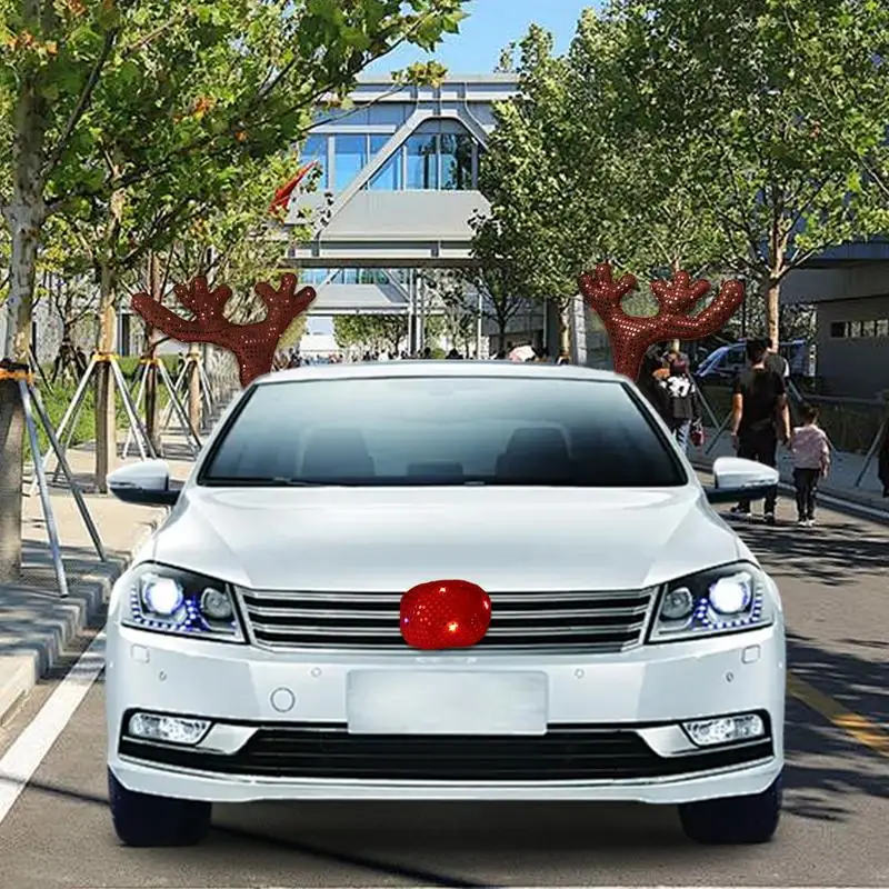 Car Reindeer Antlers And Nose LED Light Up Car Decorations Car Costume Accessories Cute Vehicle Decorations For Window Entrance