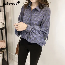 Fashion Polo-Neck Plaid Exposed Line Decoration Shirt Spring Autumn Korean Bow Splicing Button Lantern Long Sleeve Loose Blouse