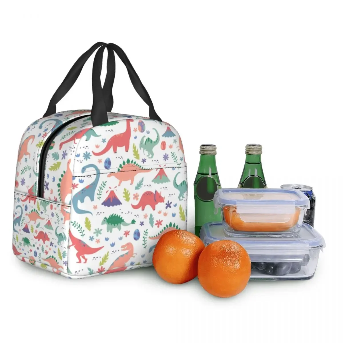 Borsa per il pranzo termica isolata con stampa di dinosauri dei cartoni animati Borsa per il pranzo portatile da donna per scatola per alimenti multifunzione da viaggio da campeggio all'aperto