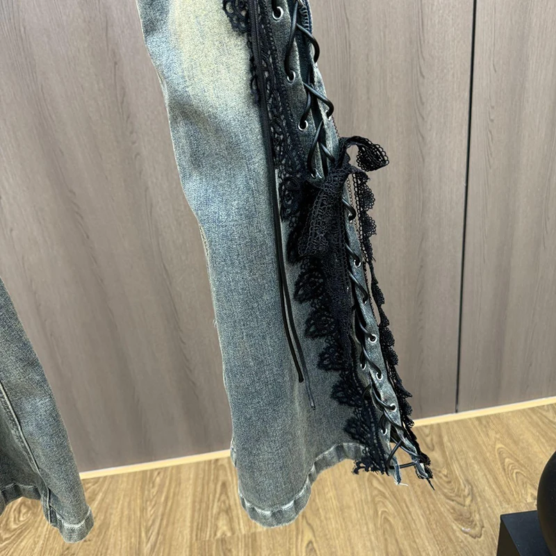 الدانتيل يصل مضيئة الجينز الرجعية غرزة الدانتيل شعيرات ضئيلة منخفضة الارتفاع سبليت Bootcut السراويل النساء جرس قيعان الشارع الشهير