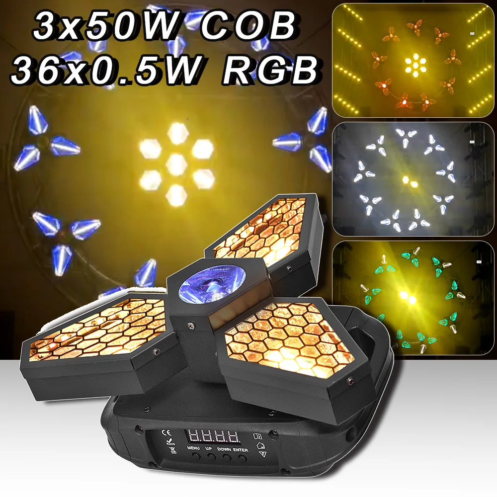 

Retro Stage Lighting Mini 3 Heads 3x50w COB 1x40W RGBW LED With Auxiliary Light DMX Infinite Rotation Music Wedding Club Bar Dj