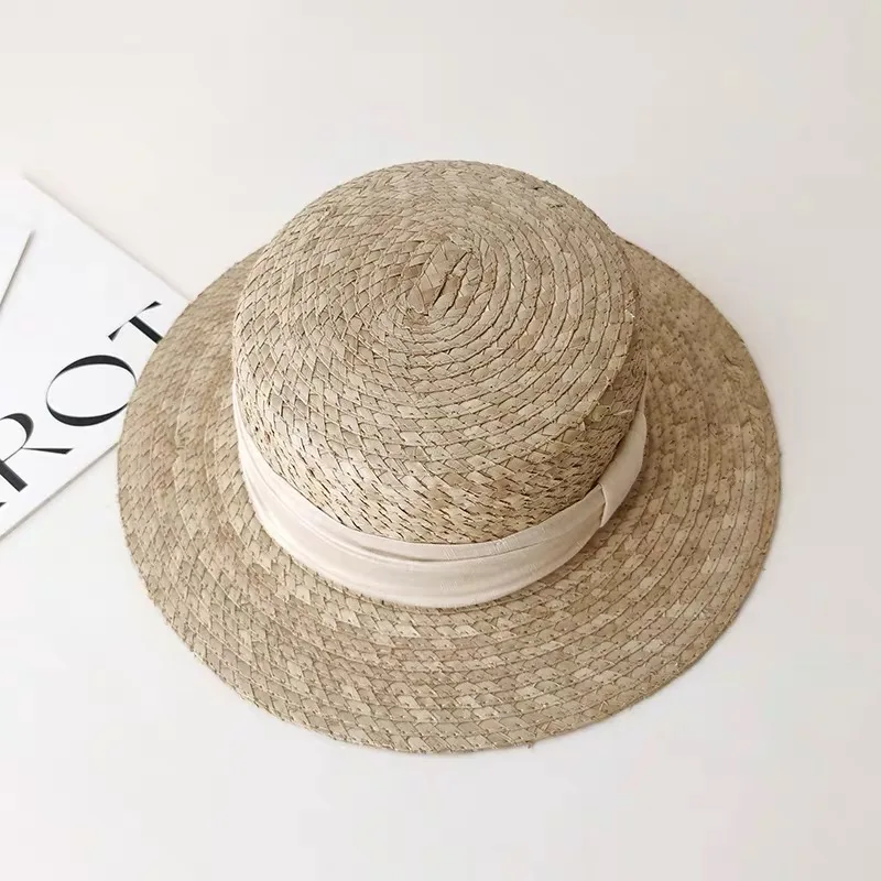 Fashion Handmade Vintage Straw Flat Top Wide Brim Hats For Women Summer Casual Beach Hat Fadora Hat For Woman Chapeau Ete Femme