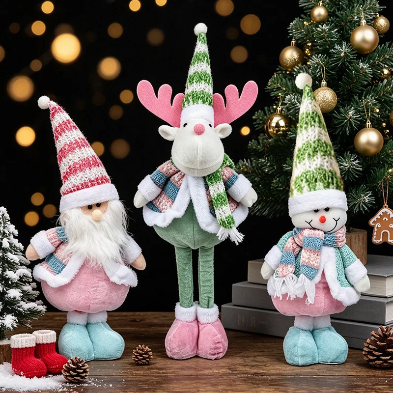 1pc New Christmas Retractable Doll Candy Color Santa Claus Snowman Stretchable Figurine Decorative Ornament
