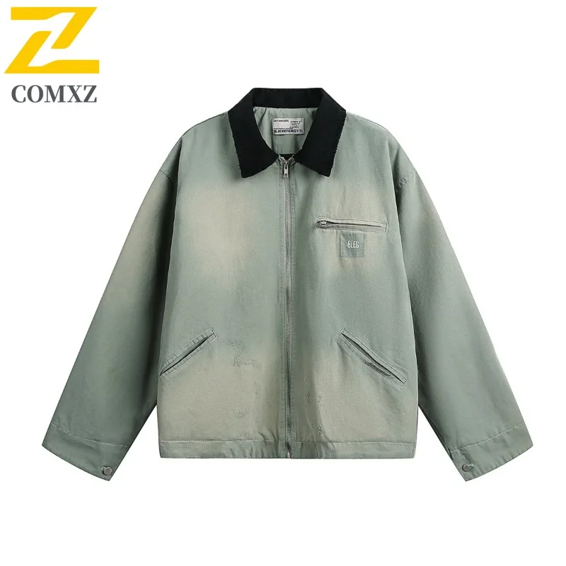 معطف رجالي من قماش الدنيم من COMXZ بتصميم بسيط لرحلة الطريق سترات عمال للسفر وادي عطلة نهاية الأسبوع والتخييم سترات مريحة #2