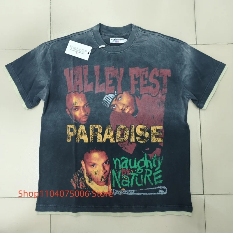 

Retro Print VALE Tshirt Patchwork Sleeve Oversized Cotton Tee Unisex Street Fashion 2024 Trendy Loose Fit Casual Top
