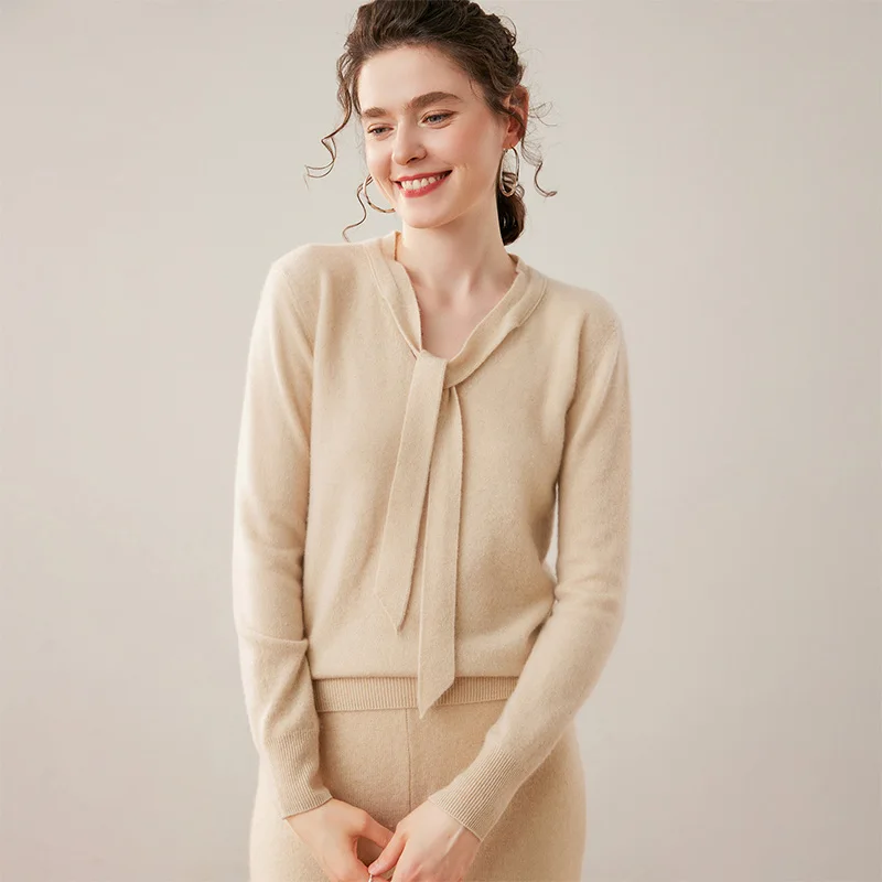 

New Style Women 100% Cashmere Sweater Autumn Winter Soft V-neck Ribbon Scarf Pullover High Elastic Elegant Woman Knitted Tops