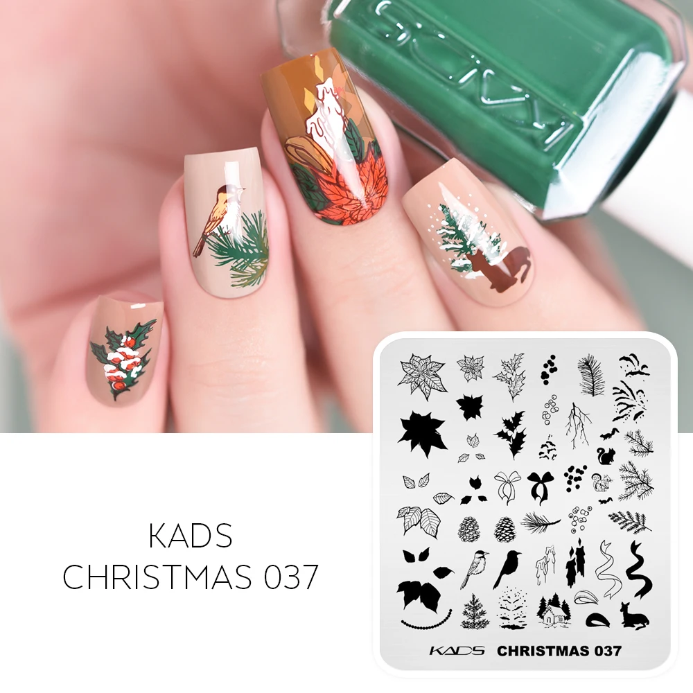 KADS Christmas 037 Nail Stamping Plate Nails Stamp Stencil Manicure Template Tool Poinsettia Pine Birds Squirrel Cottage Candle