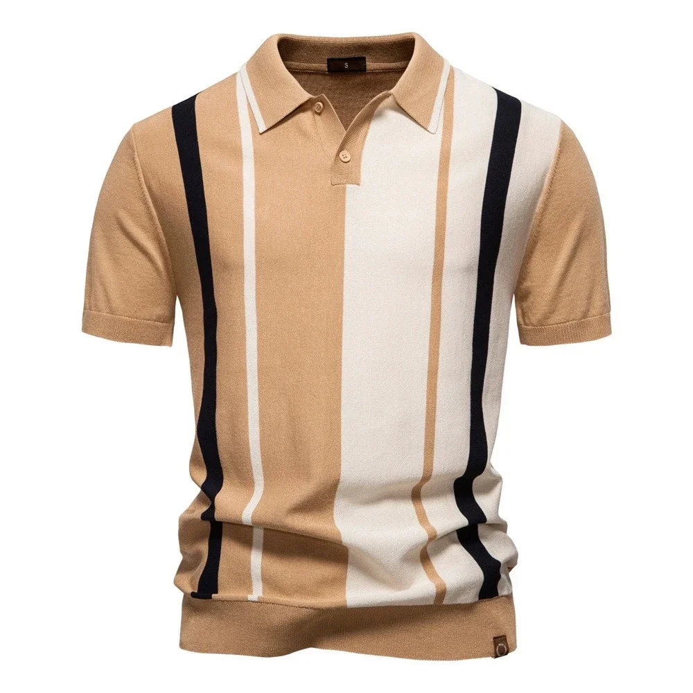 

Summer new men's lapel short sleeved knitted striped patchwork European size short sleeved polo shirt men's top