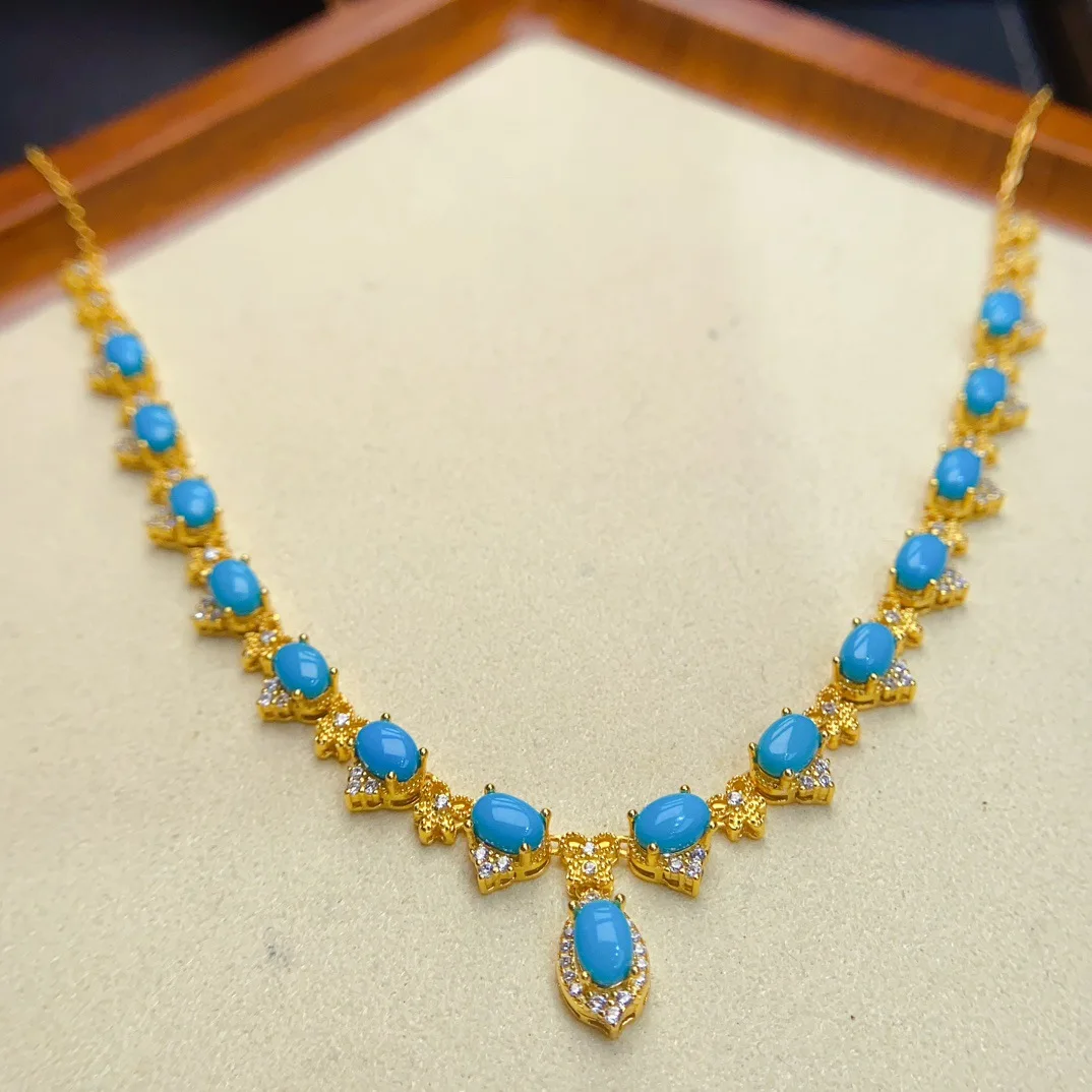 

Ожерелье из серебра 925 пробы с бирюзой, винтажный кружевной дизайн с основным камнем 4x6 мм