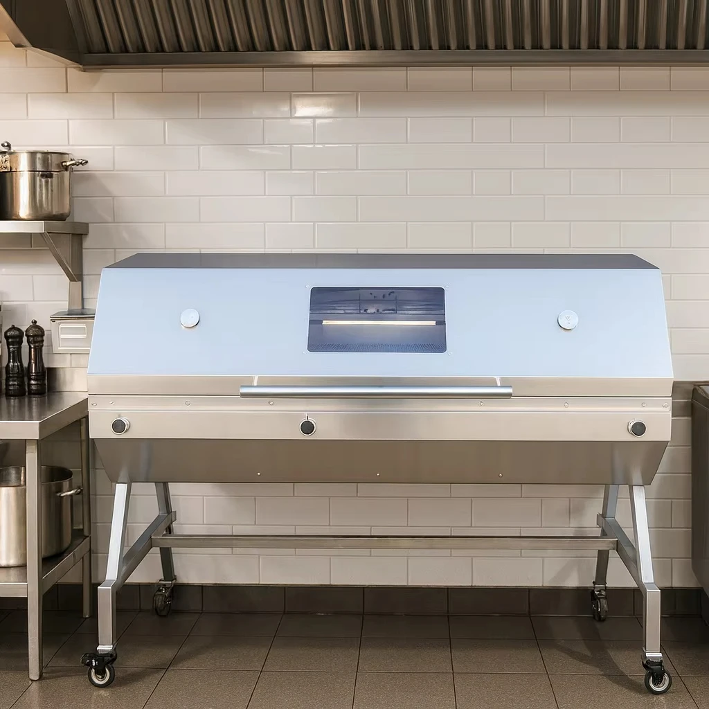Gas Spit Rotisserie Roaster with Hooded Grill - Propane Charcoal Santa Maria Style for Lamb Pig Roasting, Industrial BBQ