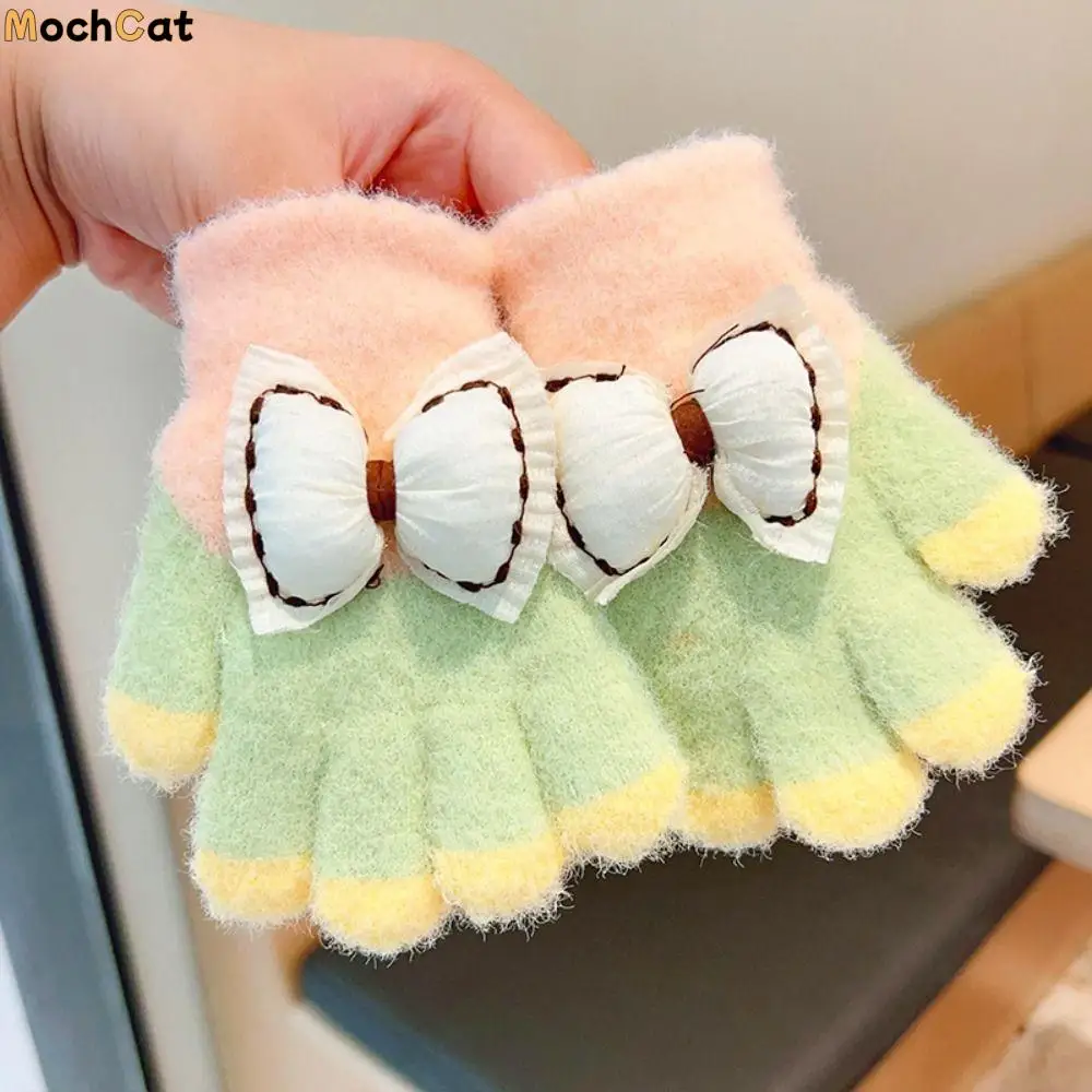 Cute Fluffy Children Gloves Patchwork Color Full Finger Bow Warm Gloves Solid Color Windproof Knitted Mittens Driving