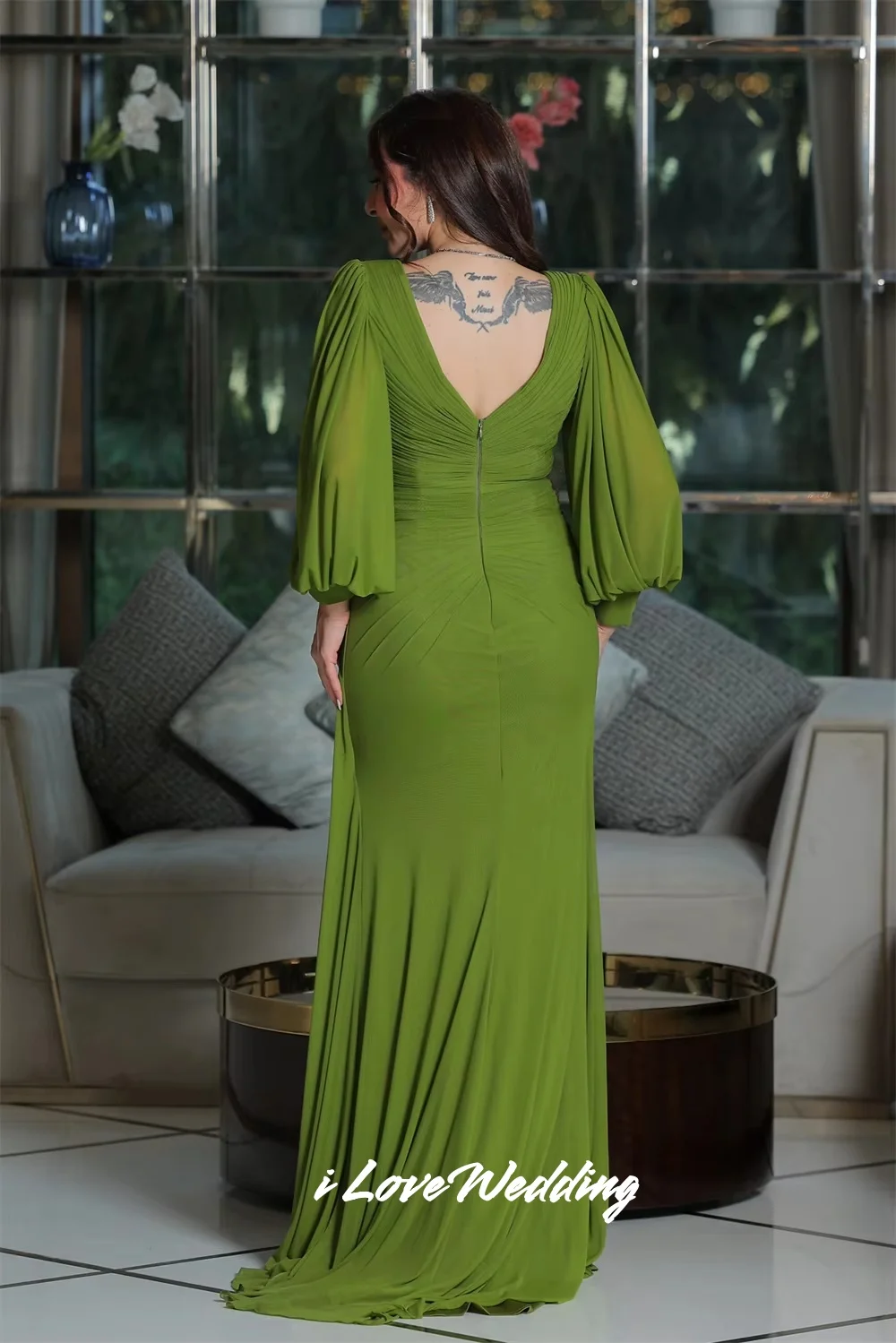 فساتين سهرة خضراء على شكل حرف v 2025 شيفون كم طويل على شكل حرف a طول الأرض فستان حفلة موسيقية مطوي فساتين حفلات الزفاف حسب الطلب