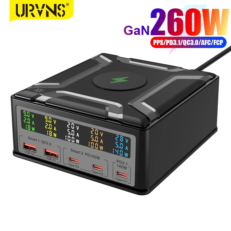 URVNS 260W USB C Charging Station, 6 in 1 Fast Charger with PD3.1 USB-C 140W PPS 100W 45W, QC3.0 Port and Wireless Charging Pad