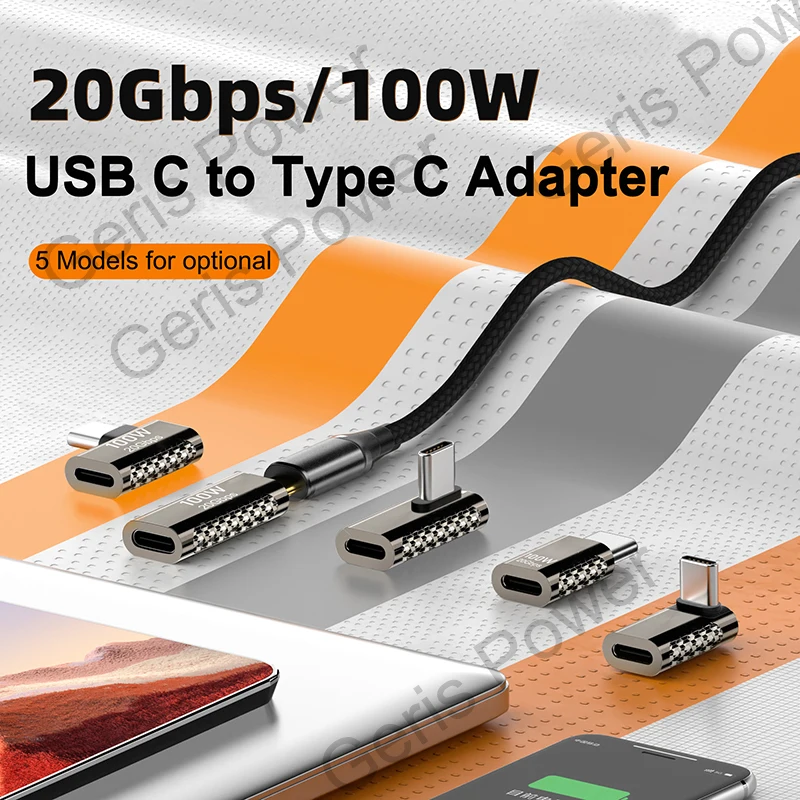 USB C 90 Degree Converter USB3.2 20Gbps Type C to USB C OTG Adapter 8K@60Hz 100W USB Type C Fast Charging Connector for MacBook