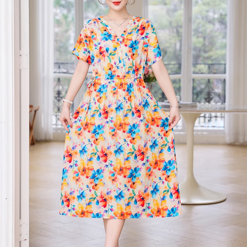 Vestido de verano para mujer, vestido Vintage corto de algodón con estampado Floral, Vestidos de moda de talla grande