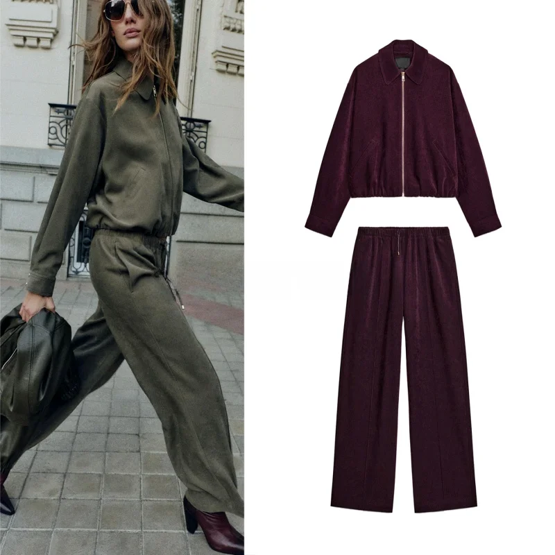 سحاب طويل Sve بياقة منتفخة الطيار Jaet 8372369 ارتفاع الخصر بنطال ذو قصة أرجل واسعة 8372364 عارضة Sle الشتاء Faion مجموعة ل...