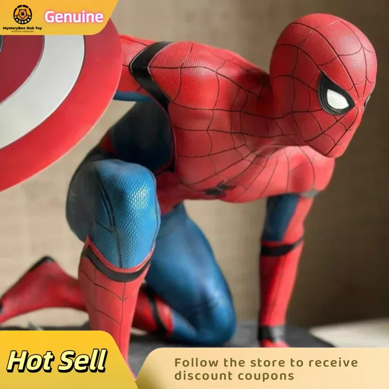 New In Stock Marvel Avengers Spider-Man Statue With Captain America Shield Civil War Version Painted Figurine Desktop Decor