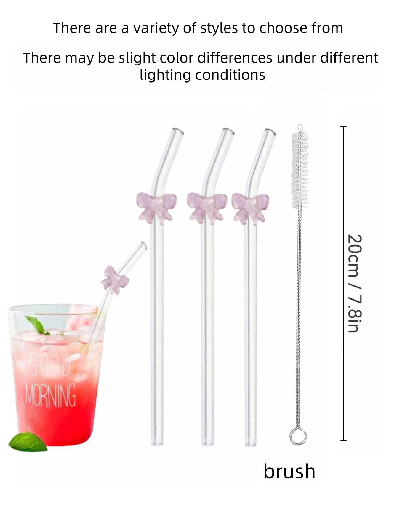 1/6PCS Cute Cartoon Pink Bowknot Glass Straw,Bent Reusable Glass Straw, Smoothie,Milk,Tea,Juice,Cocktail And Cold Drink,friend view 4