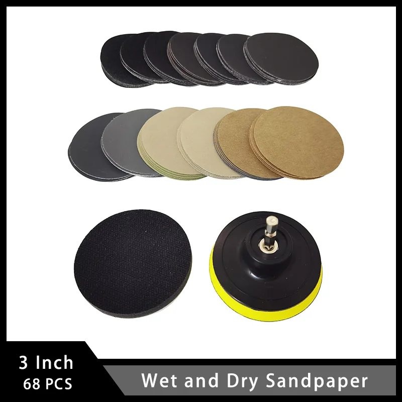 3 Inch Wet and Dry Sandpaper 68 Pcs with M10 Backing Pad for Polishing and Sanding Car Body Metal Stone and Glass