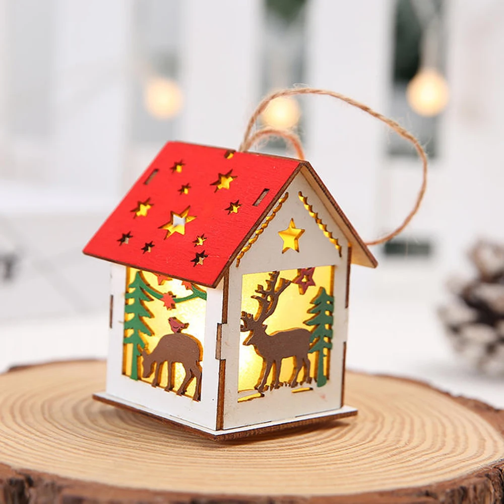 Christmas Night Light Wooden Luminou Chalet Ornaments Xmas Tree Hanging Pendant Bedroom Table Lamp Christmas Home Decor Light