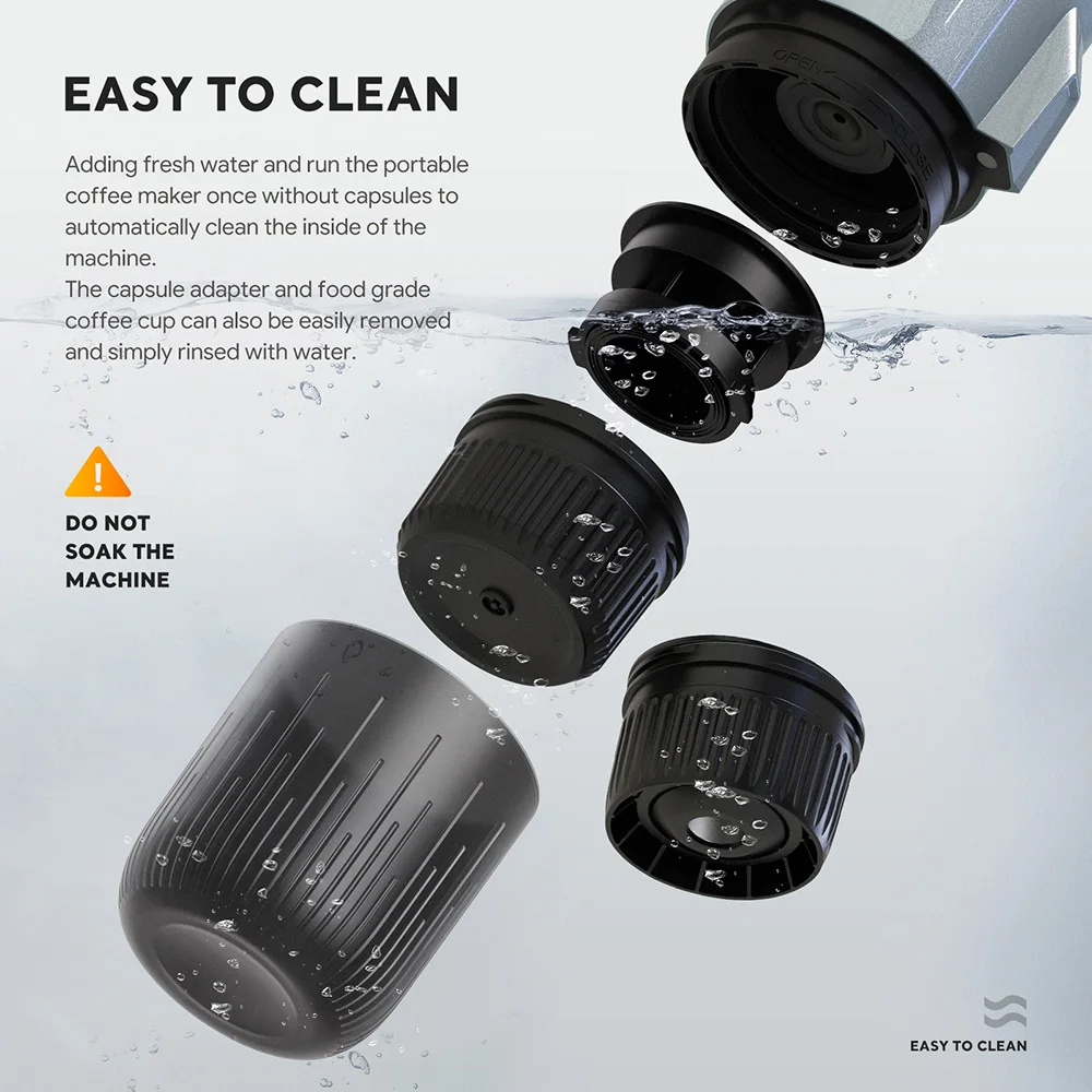 新型3in1セルフヒーティングポータブル電気エスプレッソマシン、キャンプ用トラベルコーヒーメーカー、粉末コーヒー、DG、NSカプセルポッド対応