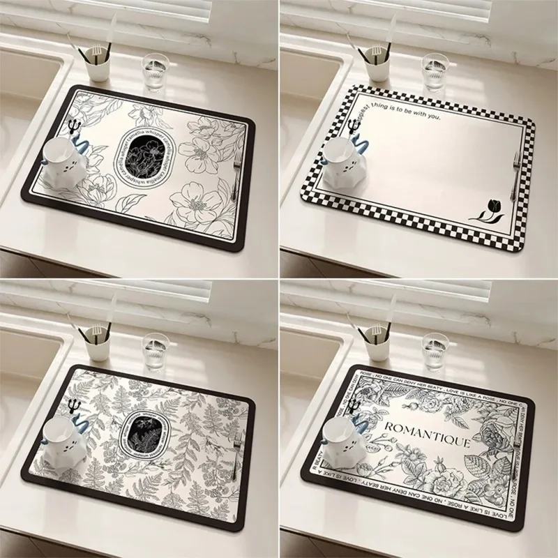 Floral Printed Dish Drying Mat Super Absorbent Coffee Drain Pad Tableware Draining Pad Quick Dry Rug Kitchen Dinnerware Placemat