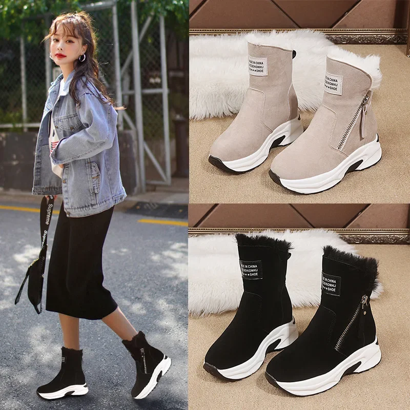 New Luxury Women's Boots Round Head with Velvet Warm Side Zipper Low Barrel Flat Bottom Casual Student Women's Snow Boots