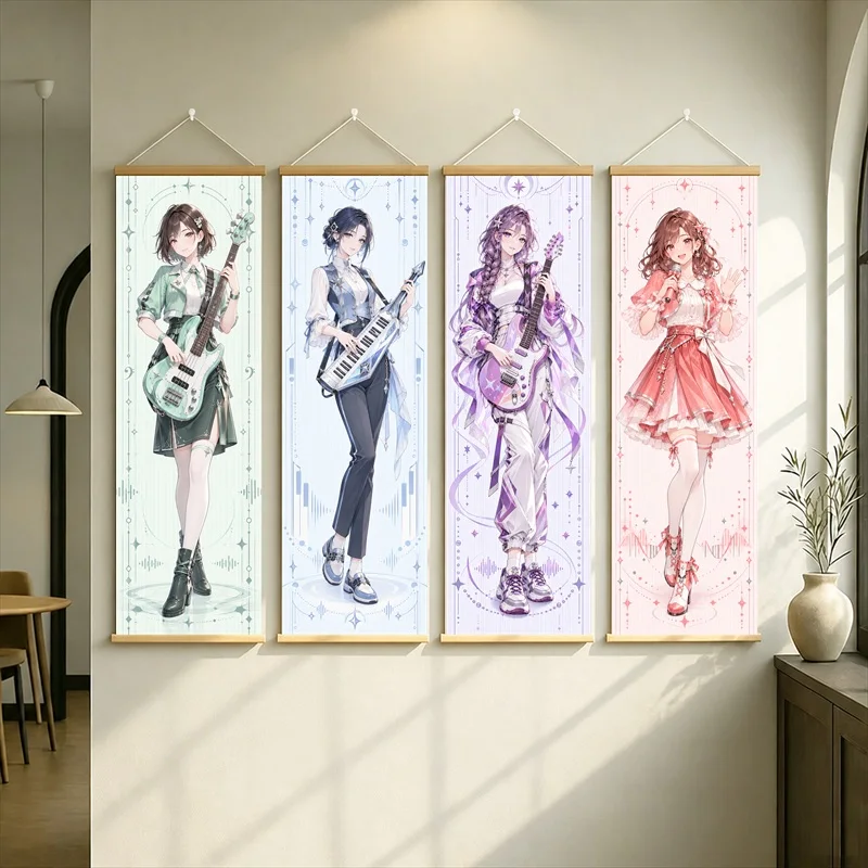 Anime Girl Musicians with Guitars and Keyboard Hanging Scroll in Soft Pastel Colors with Floral Borders for a Music Room