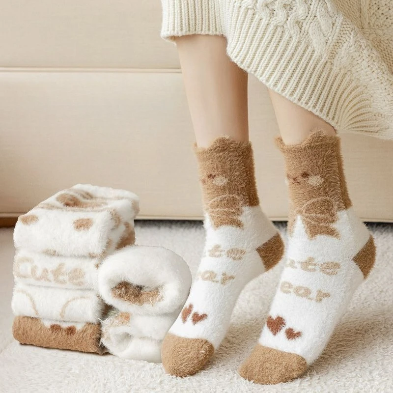 

5 Pairs Fuzzy Mid-Calf Socks Cozy Brown Cartoon Designs Thick Fall Winter Thermal Socks Kawaii floor Sleeping Socks for Girls