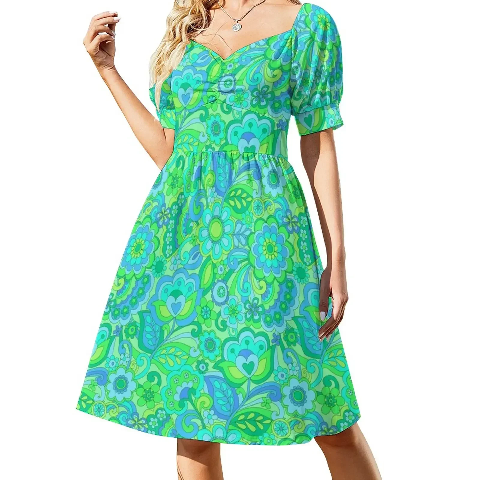 

Green Flower Power Short-Sleeved Dress Woman fashion elegant dresses plus sizes Dress