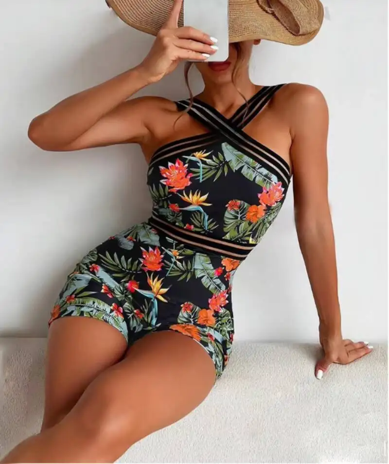 

Women's Summer Black Romper Shoulder Cross Strap Floral Print Slim Fit Sexy Beach Pool Party Casual Daily Short Style Playsuit