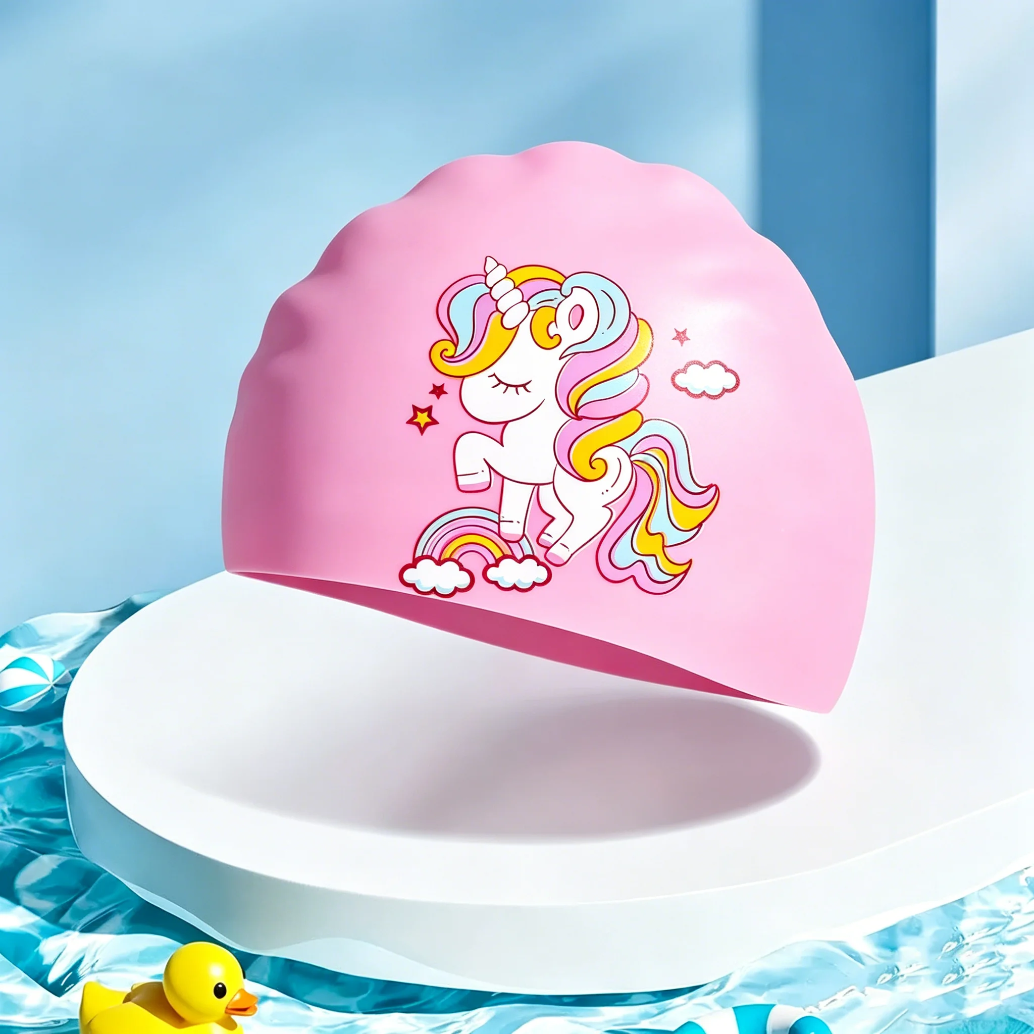 Kinder-Badekappe, niedliche Cartoon-Badekappe aus elastischem Silikon für Jungen und Mädchen, Schwimmausrüstung für langes Haar, wasserdichte Badekappe mit Ohrenschutz – Detail 2