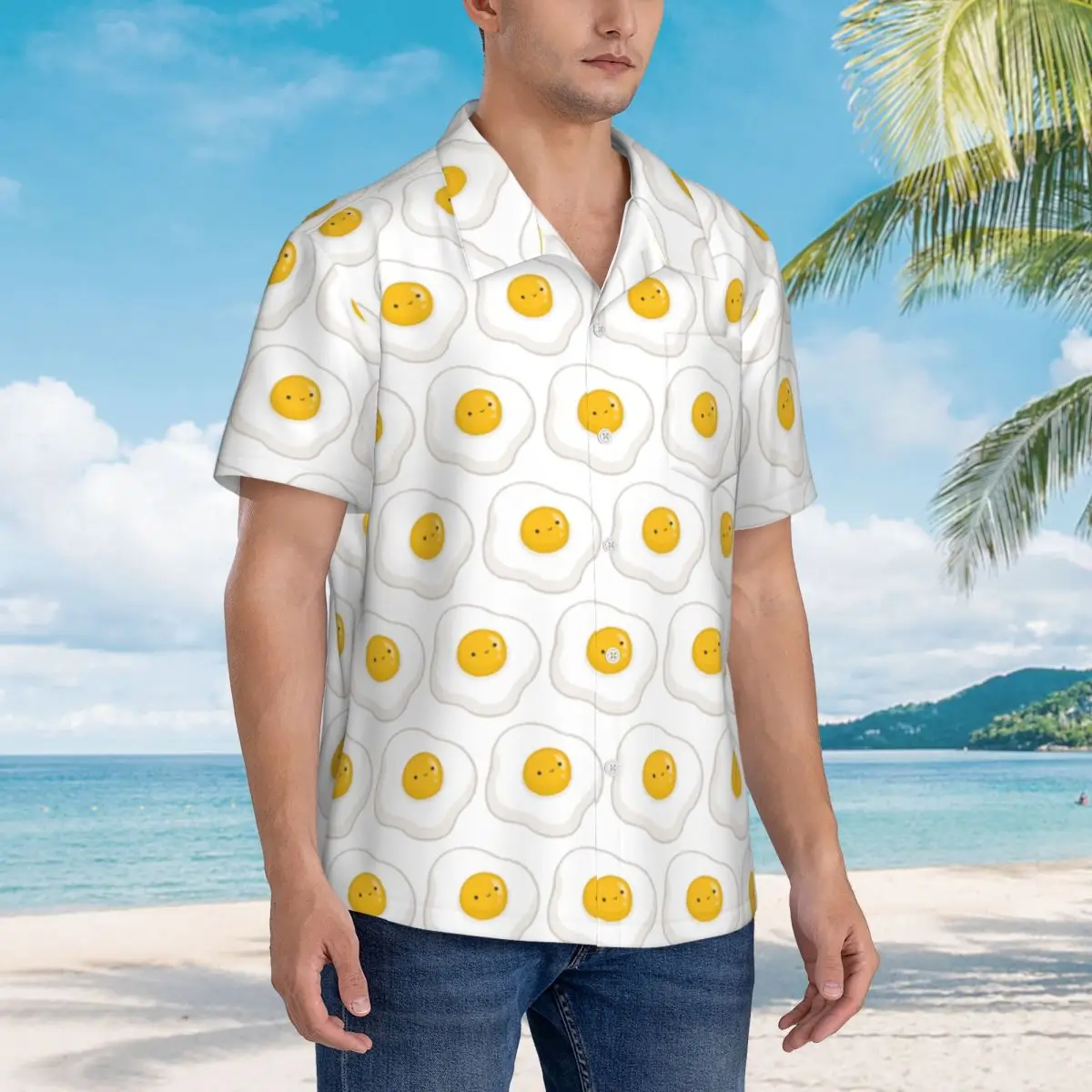 

Cute Fried Egg Hawaiian Shirts Fashion Men Short Sleeve Shirt for Summer Beach Men's Lapel Tops