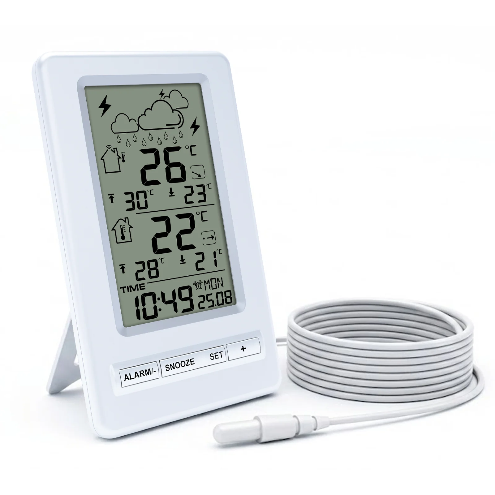Digital Weather Station With Clock Alarm, Indoor Outdoor Temperature Monitor Weather Forecast Large LCD Display For Home Office