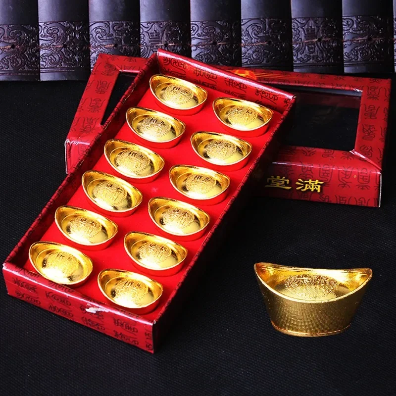 

Feng Shui Metal Gold Ingot Chinese Wealth Lucky Yuanbao Fortune Auspicious Mascot Figurines Paperweight Home Decor Props Crafts