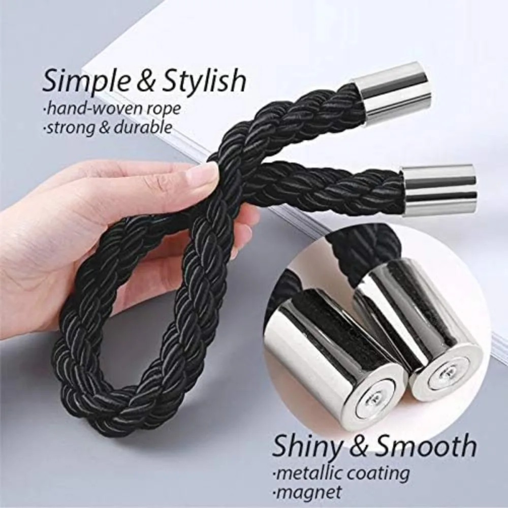 2-Pack Strong Magnetic Curtain Tiebacks – Modern Weave Rope, Black