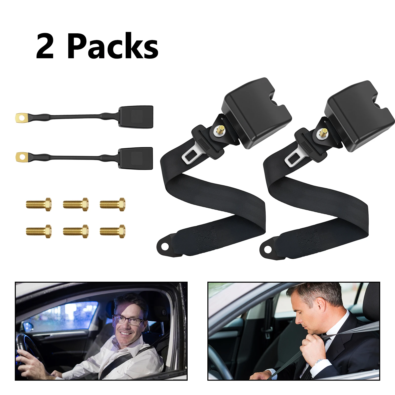 2 Pack Universal 3 Point Retractable Safety Adjustable Shoulder Seat Belt Straps Front Auto Trucks Forklifts Buses Karts Cars
