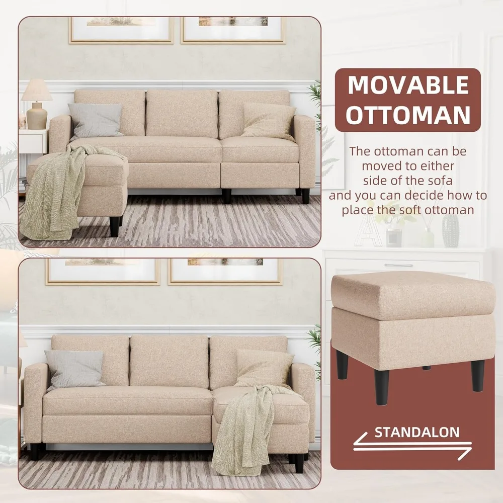 セクショナルソファ カウチ コンバーチブル L字型ソファ オットマン付き リビングルーム用小型セクショナルソファ、小型用3人掛けソファ
