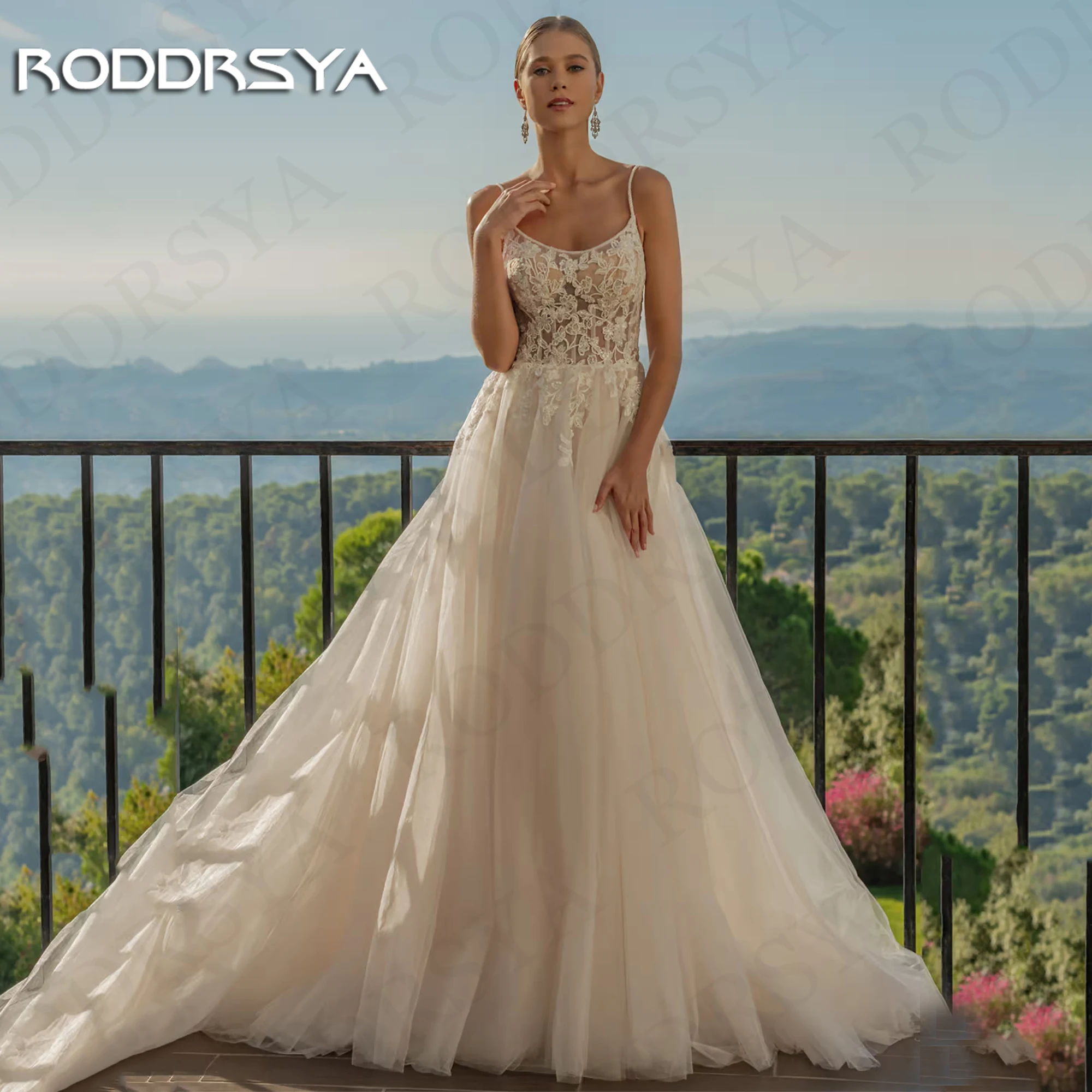 

RODDRSYA Romantic A Line Wedding Dresses For Bride Spaghetti Straps Scoop Neck Tulle Bridal Dress Illusion vestidos novias boda