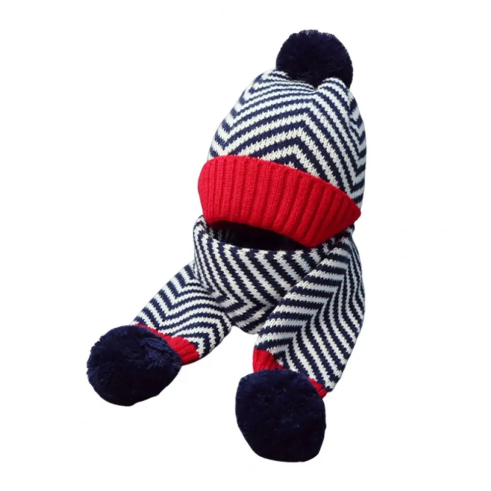 Baby Hat Scarf Set Kids Autumn Winter Hat Scarf Set Plush Ball Decor Knitted Brimless Hat Striped Print Cozy Scarf for Children