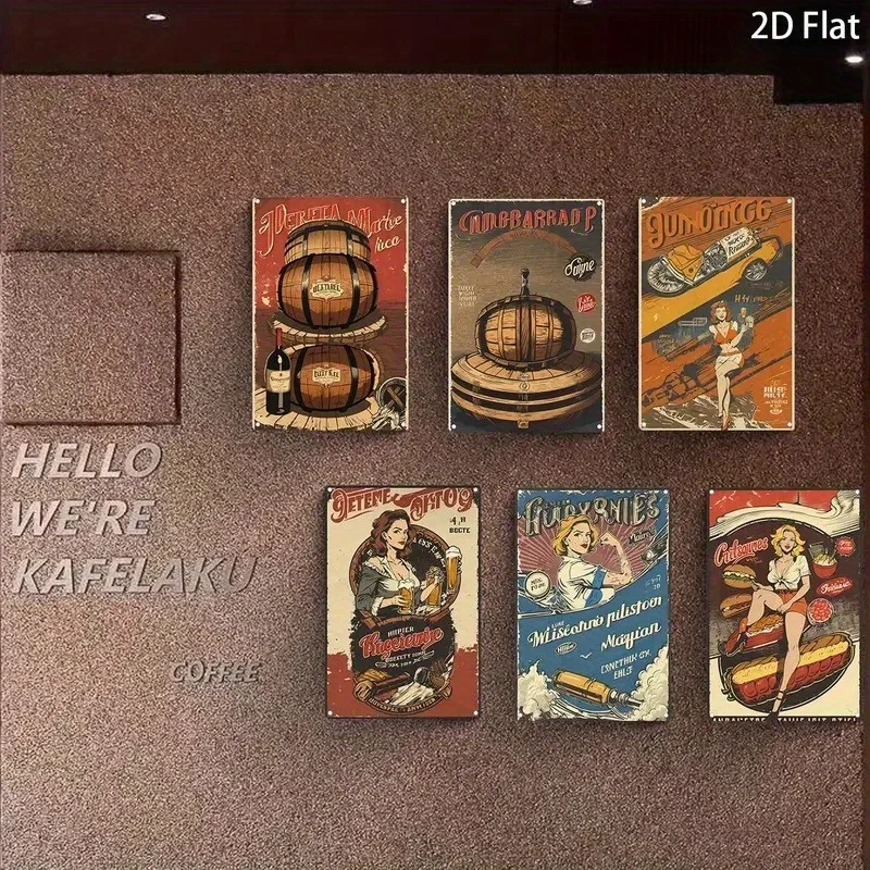 

2D Flat, 6 шт. Винтажный американский ретро-металлический настенный художественный набор - 2D плоская жесть, пищевые художественные принты, ностальгический декор для кафе и ресторана