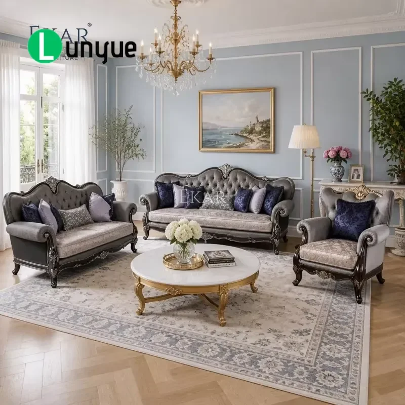 Luxury Neoclassical Three Arched Tufted Sofa Silver Grey with Gold Trim Elegant Living Room Furniture Comfortable Seating