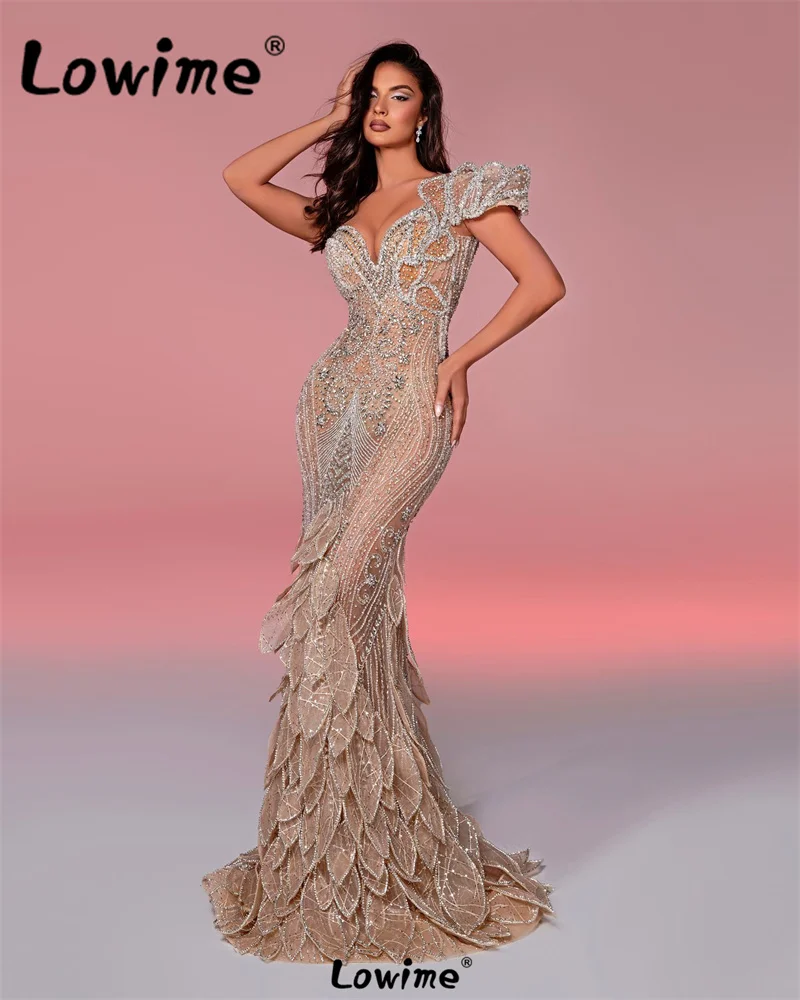 Elegant Arabic Evening Dresses Champagne One Shoulder Mermaid Long Wedding Party Dress Tiered Crystals Celebrity Prom Dress 2024