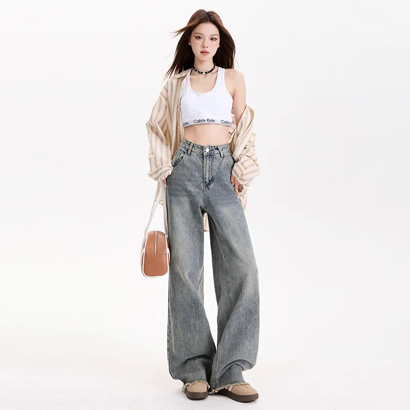 

American Retro Straight High Waist Jeans Women's Spring New High Waist Loose and Slimming Hot Girl Raw Hem Wide Legs Trousers