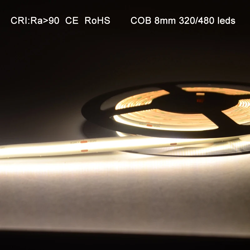 Ra90 5M COB LED Strip Light 320 480 leds Width 8mm Flexible Tape Warm Nature Cool White Linear 12V Double-sided circuit board