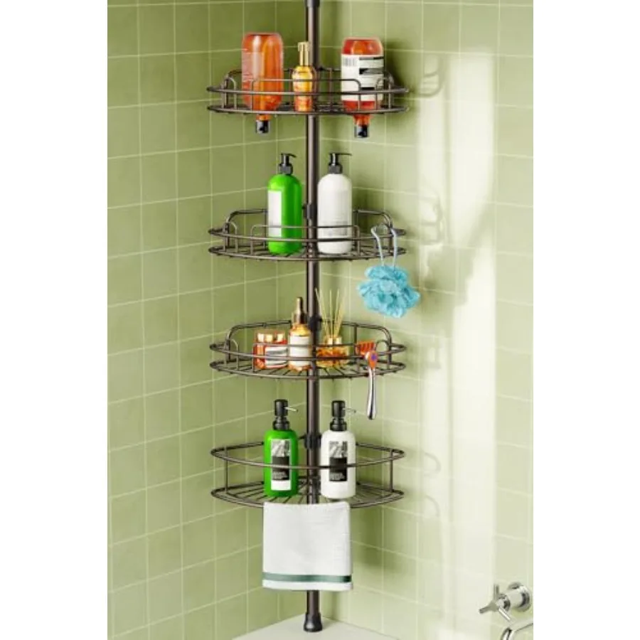 

Угловая душевая полка на телескопической штанге: 4-уровневая, устойчивая к ржавчине, регулируемая полка-органайзер для ванной комнаты – 47-121 дюйм, быстрая установка без сверления