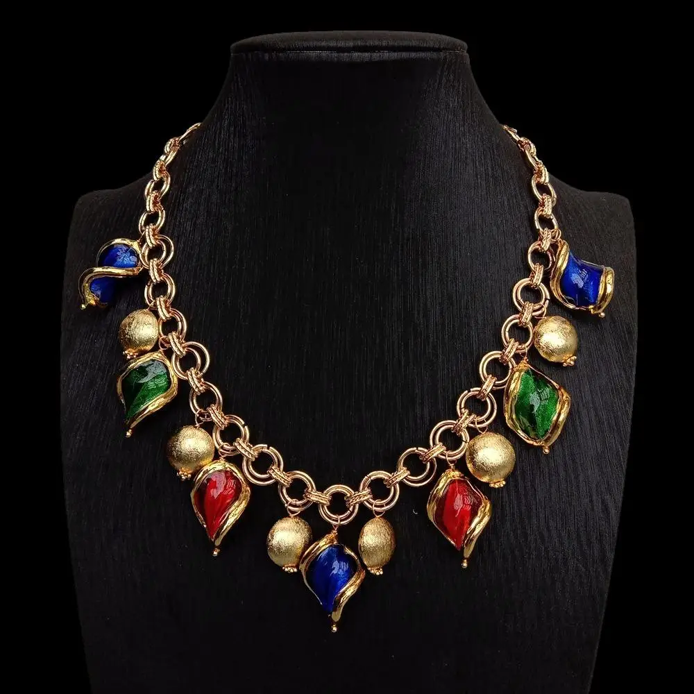 

Y.YING Multi Color Murano With Gold Plated Edge Brushed Beads Charm Choker Necklace